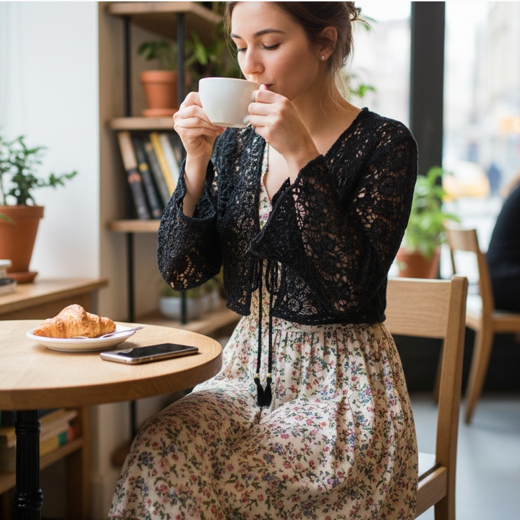 Chiara black crochet kimono