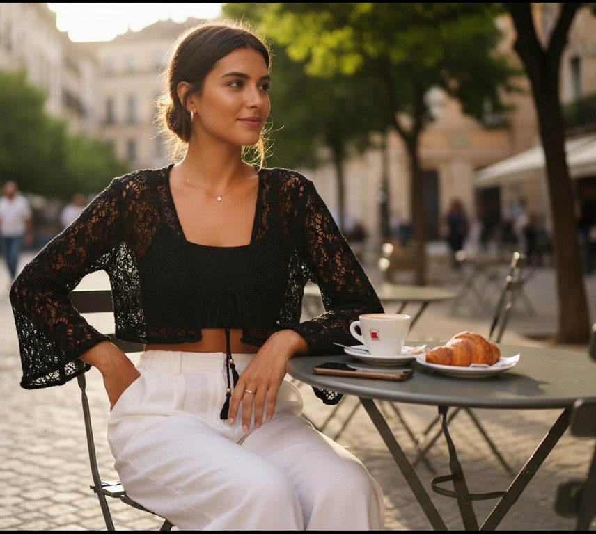 Chiara black crochet kimono